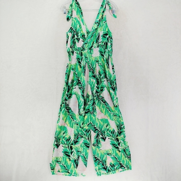 Ophelia Roe Green Tropical Leaf Pattern Sleeveless Summer Jumpsuit P6483 - Picture 4 of 8